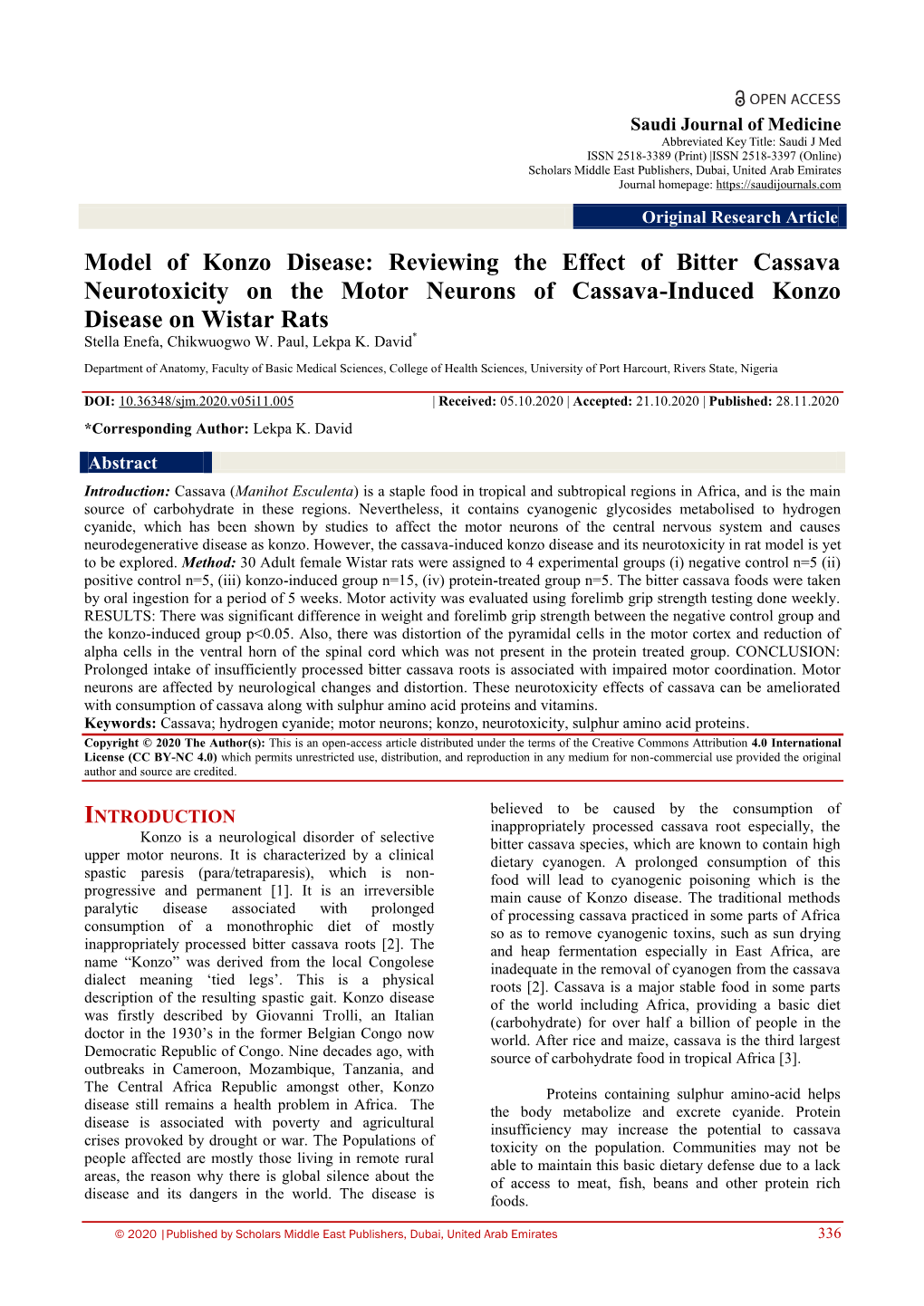 Reviewing the Effect of Bitter Cassava Neurotoxicity on the Motor Neurons of Cassava-Induced Konzo Disease on Wistar Rats Stella Enefa, Chikwuogwo W