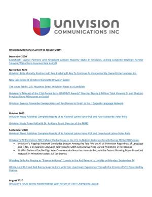 Univision Milestones Current to January 2019: December 2020