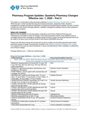 Pharmacy Program Updates: Quarterly Pharmacy Changes Effective Jan