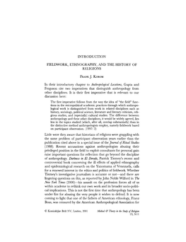 INTRODUCTION FIELDWORK, ETHNOGRAPHY, and the HISTORY of RELIGIONS FRANK J. KOROM in Their Introductory Chapter to Anthropologica