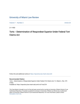 Torts -- Determination of Respondeat Superior Under Federal Tort Claims Act