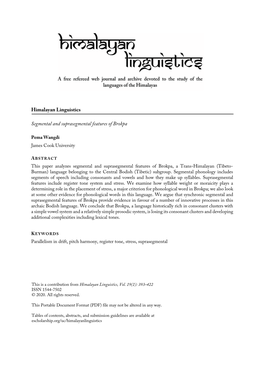 Himalayan Linguistics Segmental and Suprasegmental Features of Brokpa