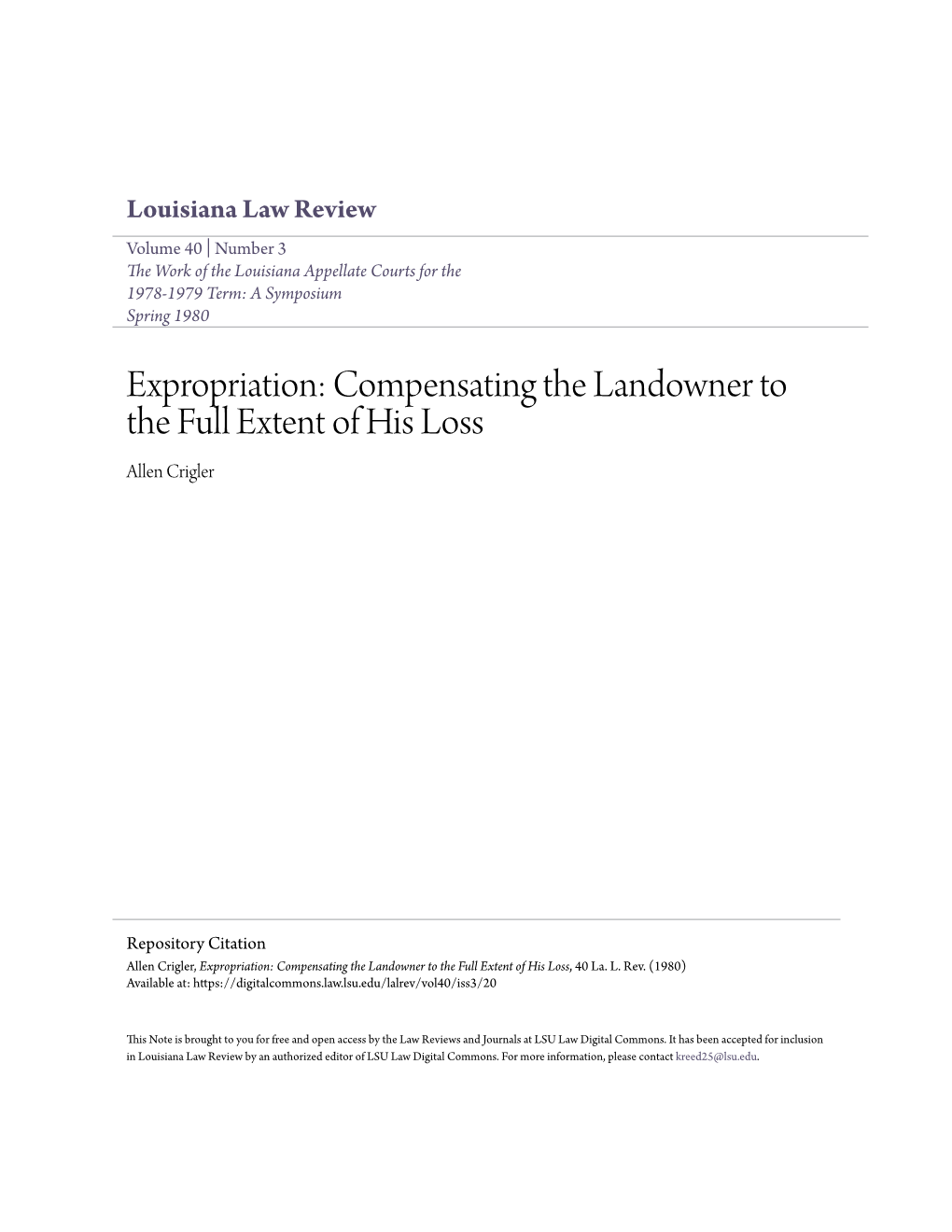 Expropriation: Compensating the Landowner to the Full Extent of His Loss Allen Crigler