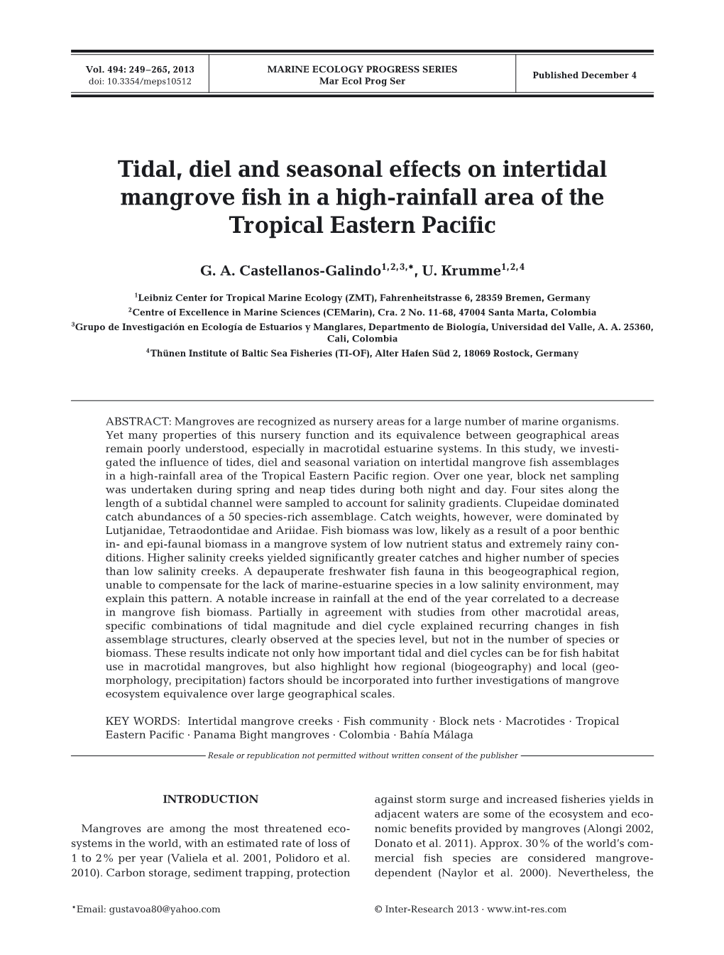 Tidal, Diel and Seasonal Effects on Intertidal Mangrove Fish in a High-Rainfall Area of the Tropical Eastern Pacific