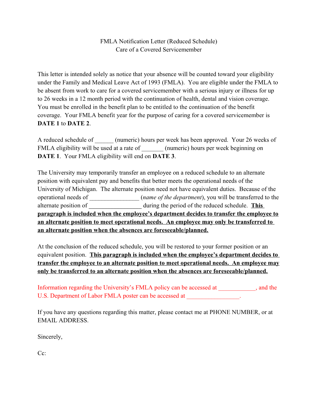 FMLA Notification Letter (Reduced Schedule)