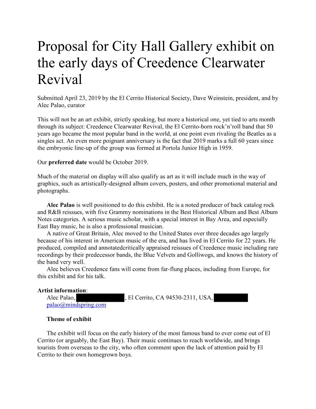 Proposal for City Hall Gallery Exhibit on the Early Days of Creedence Clearwater Revival