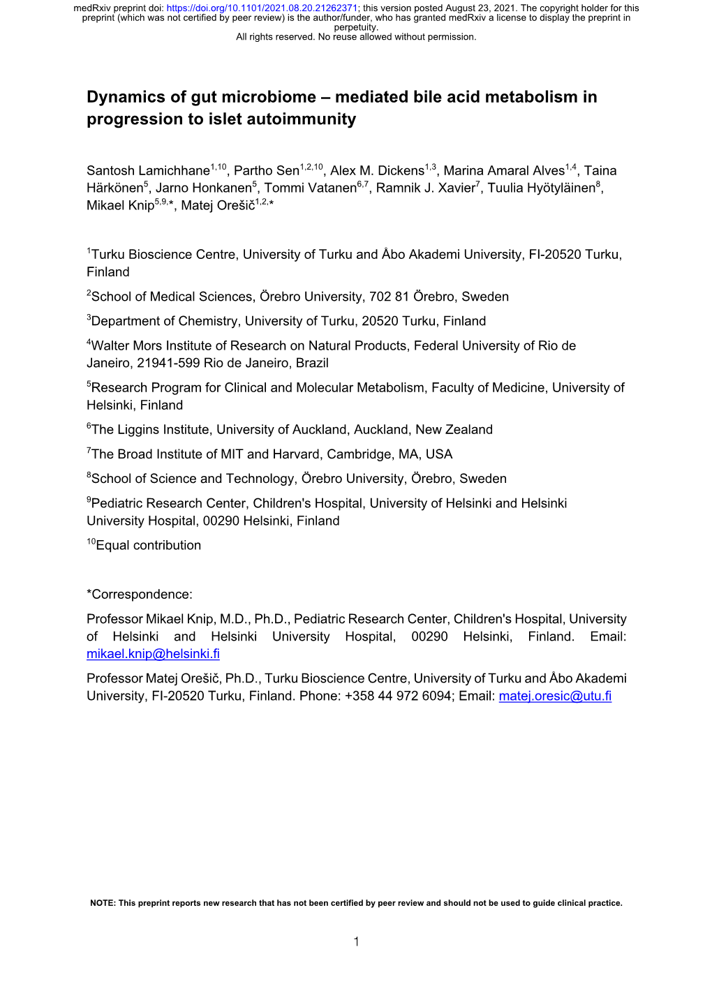 Dynamics of Gut Microbiome – Mediated Bile Acid Metabolism in Progression to Islet Autoimmunity