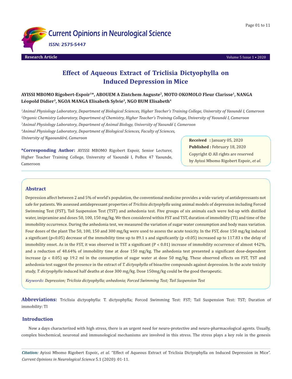 Effect of Aqueous Extract of Triclisia Dictyophylla on Induced Depression in Mice