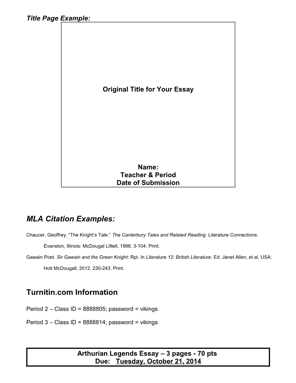 Arthurian Legends Essay - 50 Pts