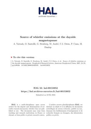 Source of Whistler Emissions at the Dayside Magnetopause A