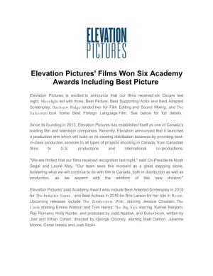 Elevation Pictures' Films Won Six Academy Awards Including Best Picture