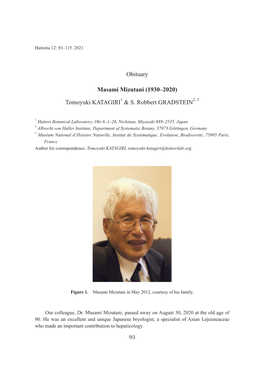 Obituary Masami Mizutani (1930–2020) Tomoyuki KATAGIRI1 & S. Robbert GRADSTEIN2, 3