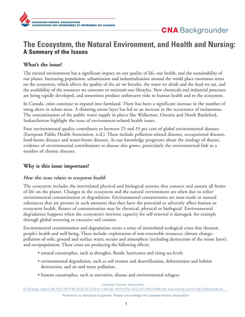 CNA Backgrounder the Ecosystem, the Natural Environment, and Health and Nursing: a Summary of the Issues