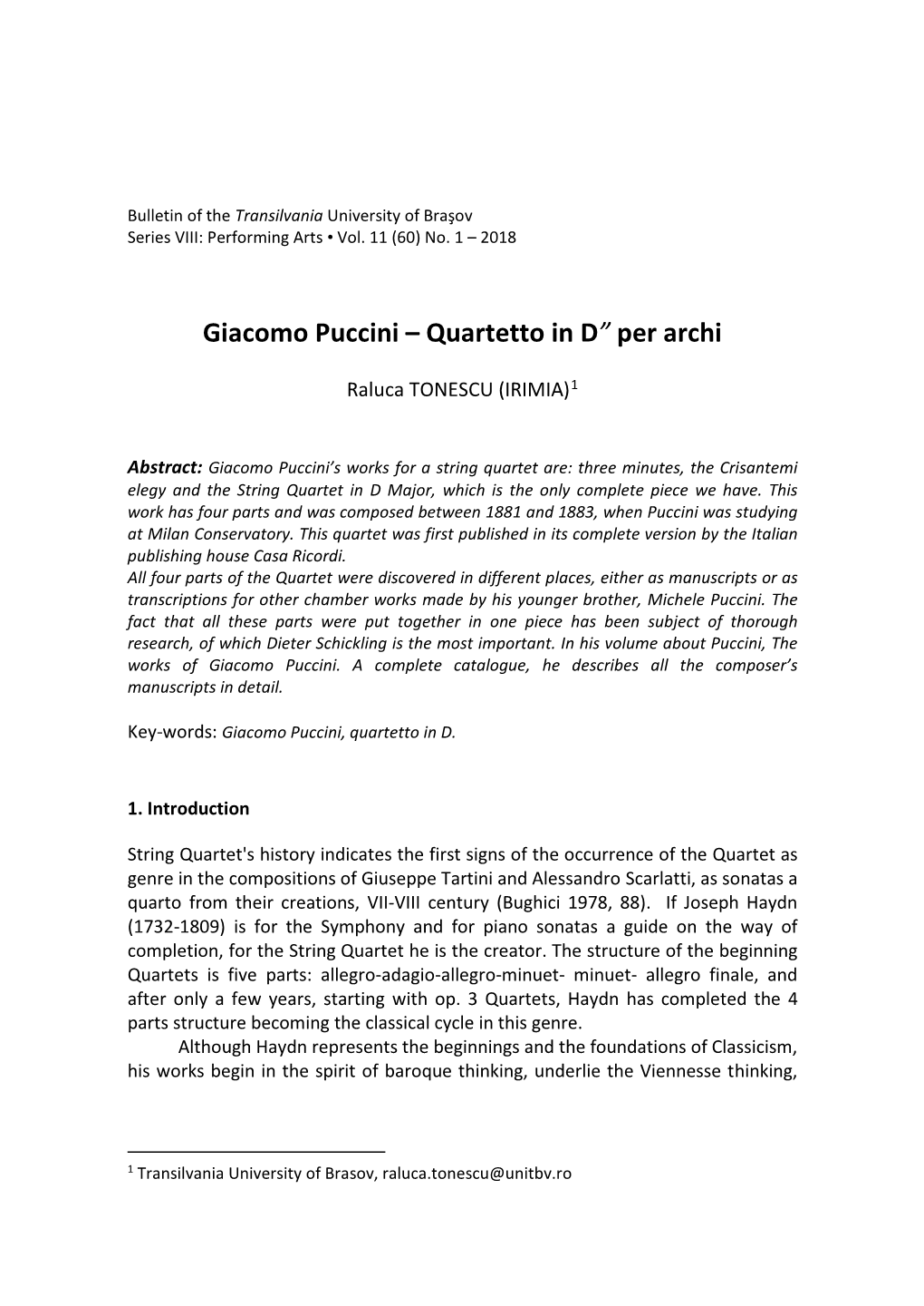 Giacomo Puccini – Quartetto in D” Per Archi