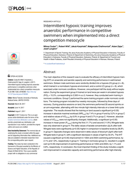 Intermittent Hypoxic Training Improves Anaerobic Performance in Competitive Swimmers When Implemented Into a Direct Competition Mesocycle