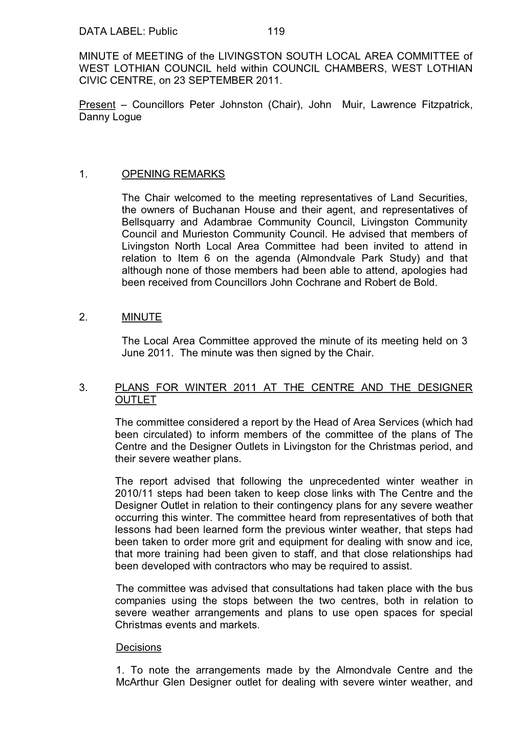 Public 119 MINUTE of MEETING of the LIVINGSTON SOUTH LOCAL