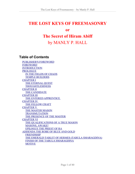 THE LOST KEYS of FREEMASONRY Or the Secret of Hiram Abiff by MANLY P