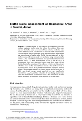 Traffic Noise Assessment at Residential Areas in Skudai, Johor