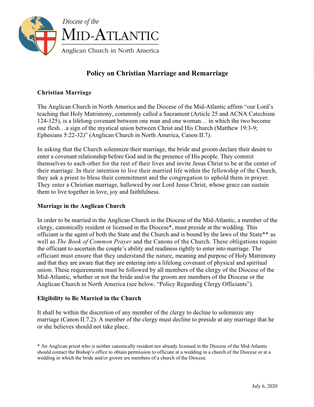 Policy on Christian Marriage and Remarriage