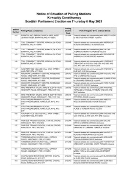 Notice of Situation of Polling Stations Kirkcaldy Constituency Scottish Parliament Election on Thursday 6 May 2021