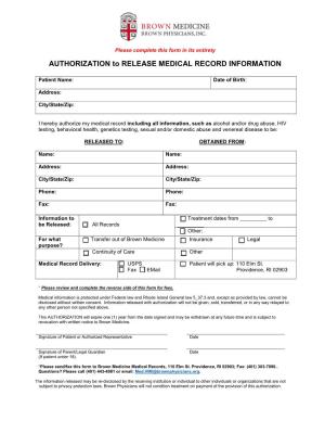 AUTHORIZATION to RELEASE MEDICAL RECORD INFORMATION
