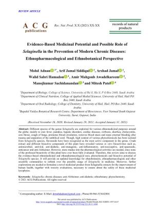 Evidence-Based Medicinal Potential and Possible Role of Selaginella in the Prevention of Modern Chronic Diseases: Ethnopharmacological and Ethnobotanical Perspective