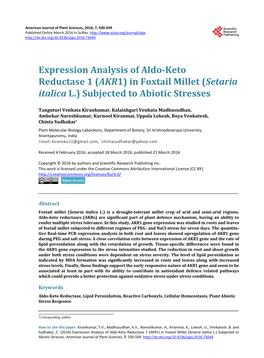 Expression Analysis of Aldo-Keto Reductase 1 (AKR1) in Foxtail Millet (Setaria Italica L.) Subjected to Abiotic Stresses