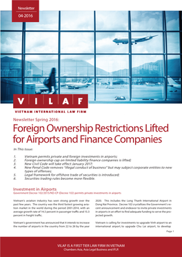 Foreign Ownership Restrictions Lifted for Airports and Finance Companies in This Issue