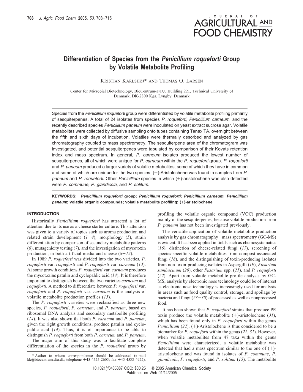 Differentiation of Species from the Penicillium Roqueforti Group by Volatile Metabolite Profiling