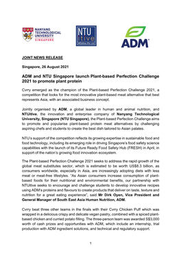 ADM and NTU Singapore Launch Plant-Based Perfection Challenge 2021 to Promote Plant Protein