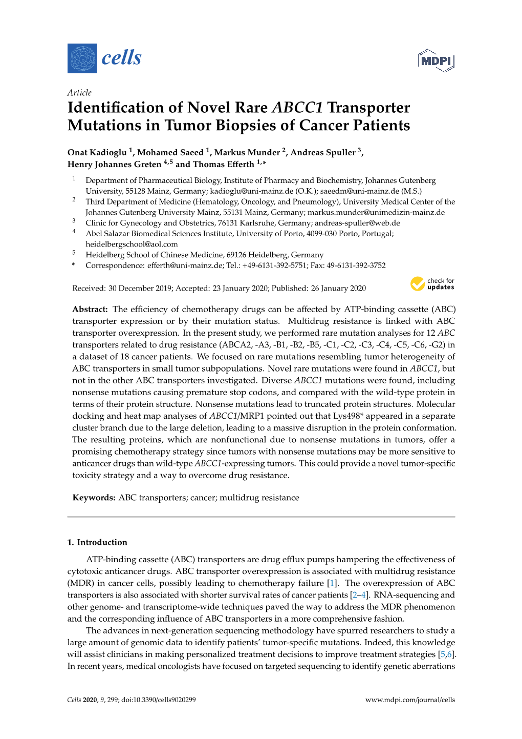 Identification of Novel Rare ABCC1 Transporter Mutations in Tumor