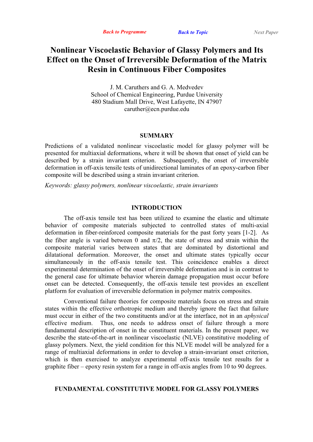 Nonlinear Viscoelastic Behavior of Glassy Polymers and Its Effect on the Onset of Irreversible Deformation of the Matrix Resin in Continuous Fiber Composites