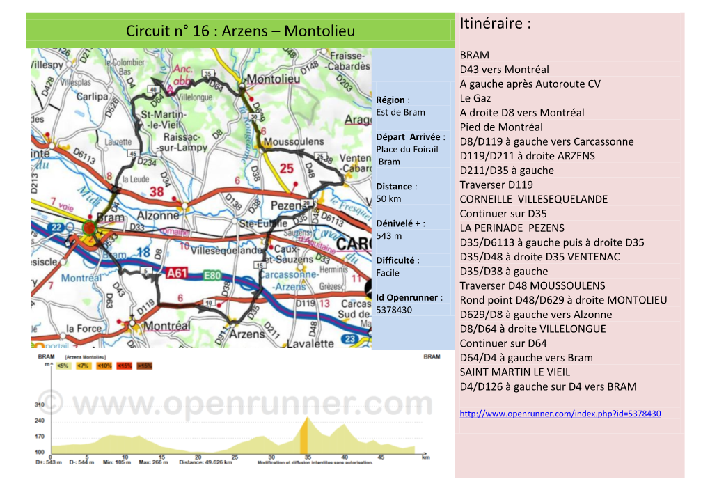Circuit N° 16 : Arzens – Montolieu Itinéraire