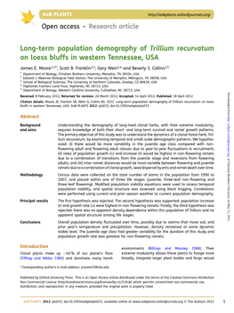 Long-Term Population Demography of Trillium Recurvatum on Loess Bluffs in Western Tennessee, USA
