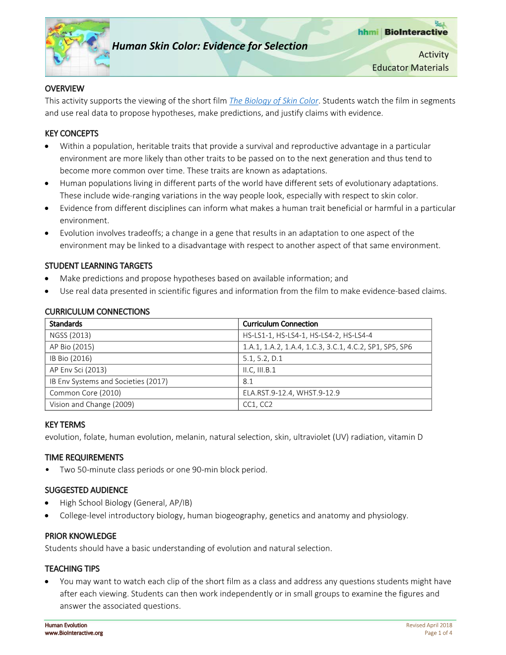 Human Skin Color: Evidence for Selection Activity Educator Materials