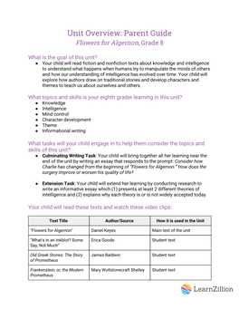 Unit Overview: Parent Guide Flowers for Algernon​, Grade 8