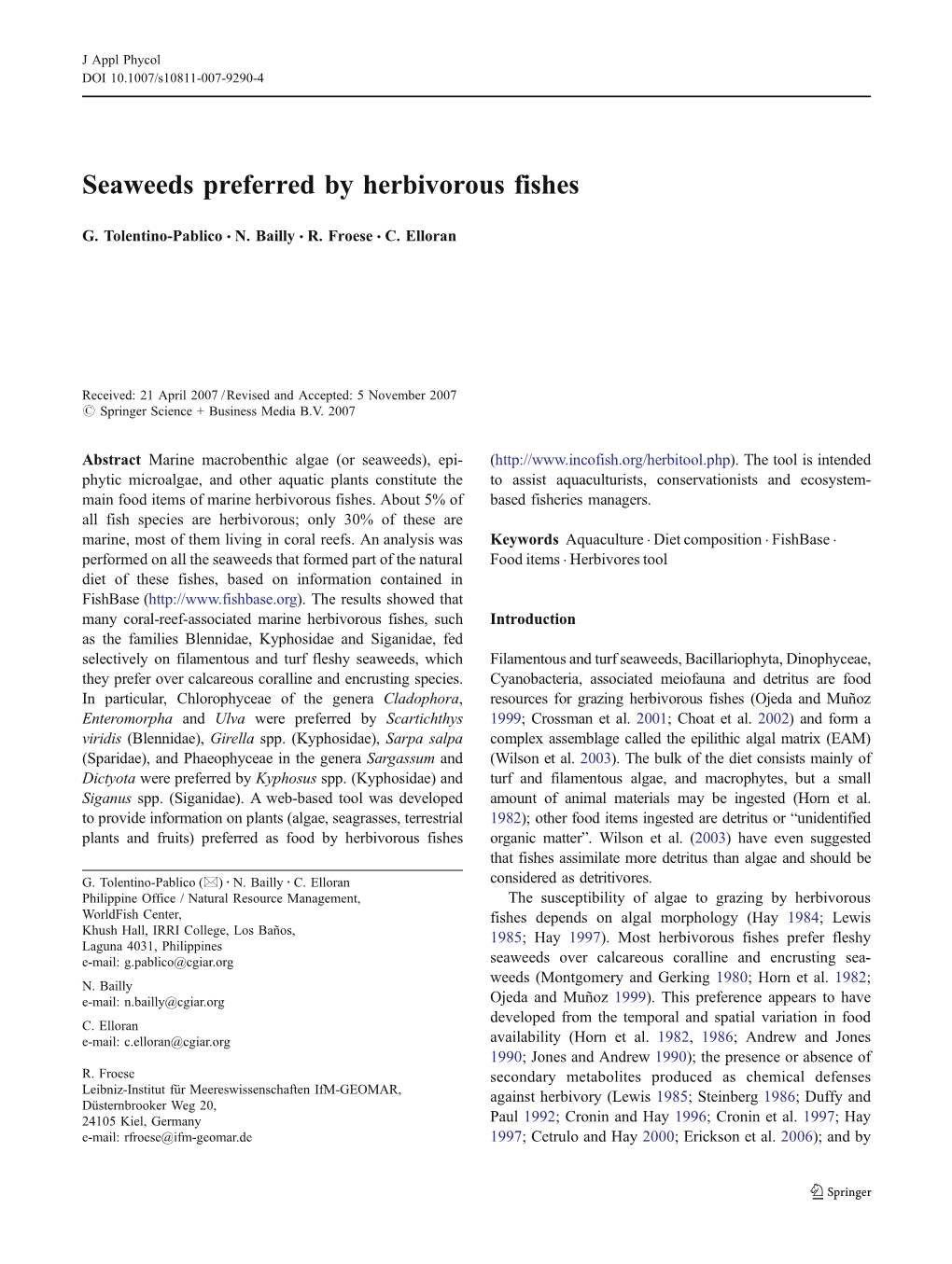 Seaweeds Preferred by Herbivorous Fishes