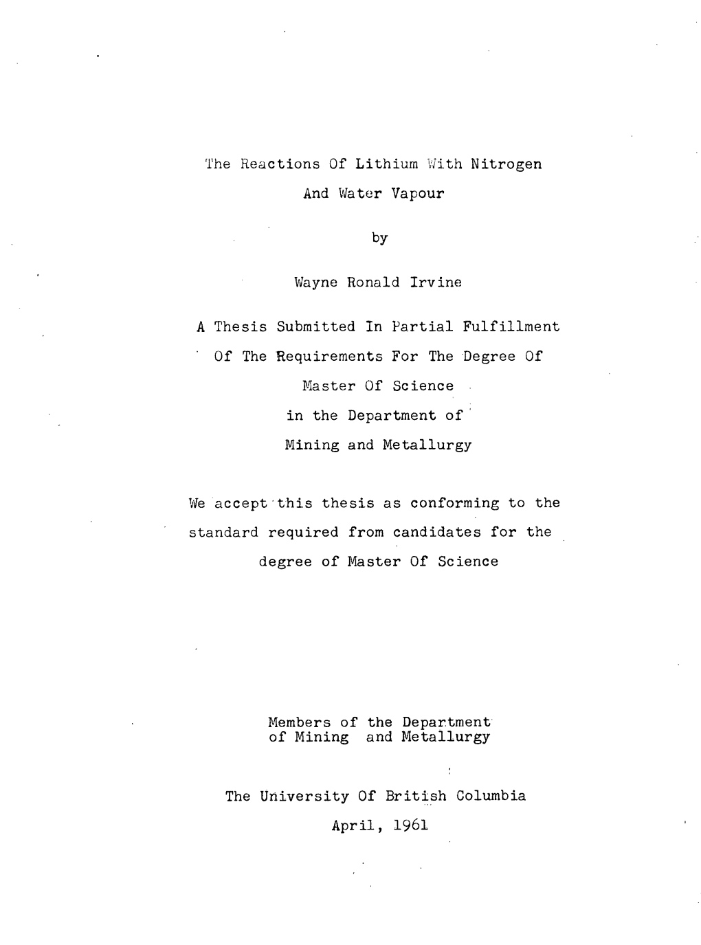 The Reactions of Lithium with Nitrogen and Water Vapour By