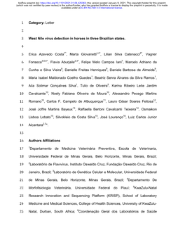 Letter 1 2 West Nile Virus Detection in Horses in Three Brazilian