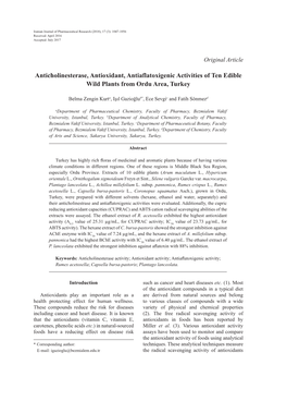 Anticholinesterase, Antioxidant, Antiaflatoxigenic Activities of Ten Edible Wild Plants from Ordu Area, Turkey