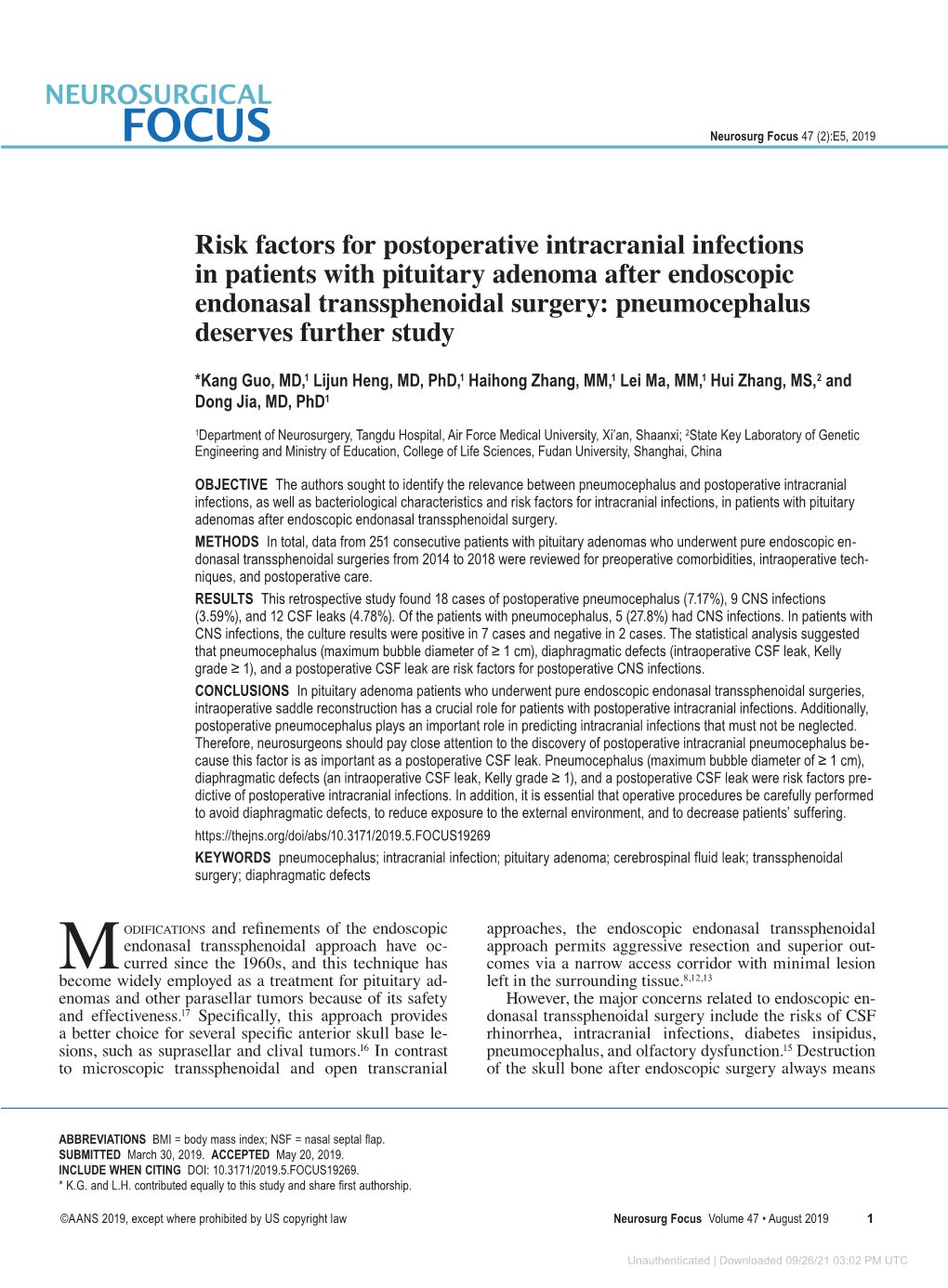 Risk Factors for Postoperative Intracranial Infections in Patients