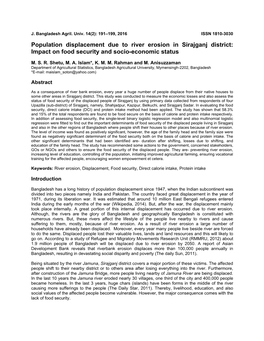Population Displacement Due to River Erosion in Sirajganj District: Impact on Food Security and Socio-Economic Status