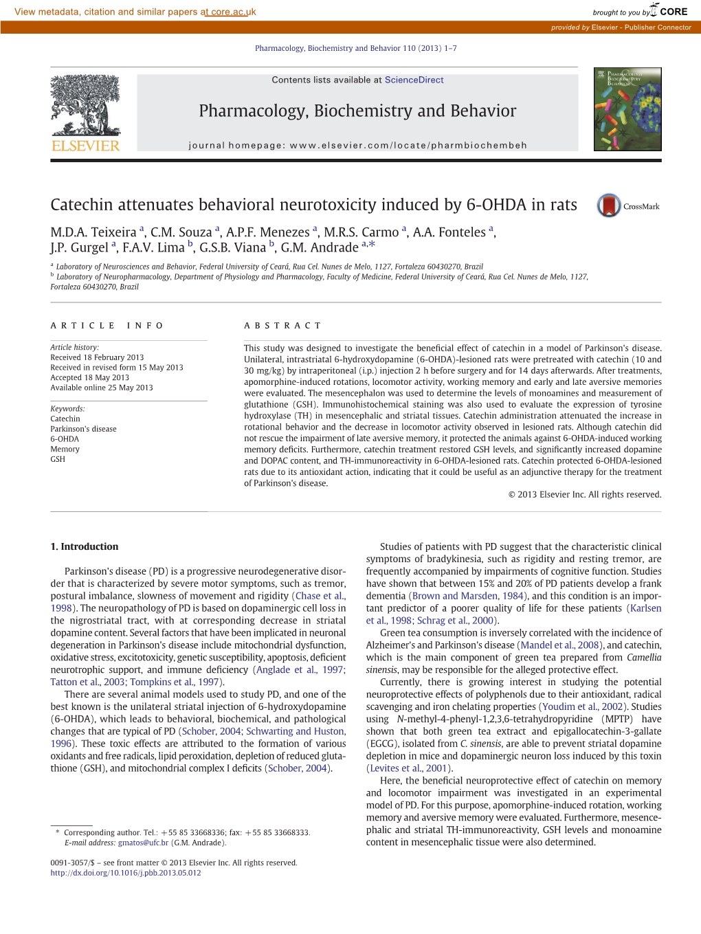 Catechin Attenuates Behavioral Neurotoxicity Induced by 6-OHDA in Rats