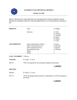 SUNSHINE COAST REGIONAL DISTRICT October 14, 2010 DRAFT