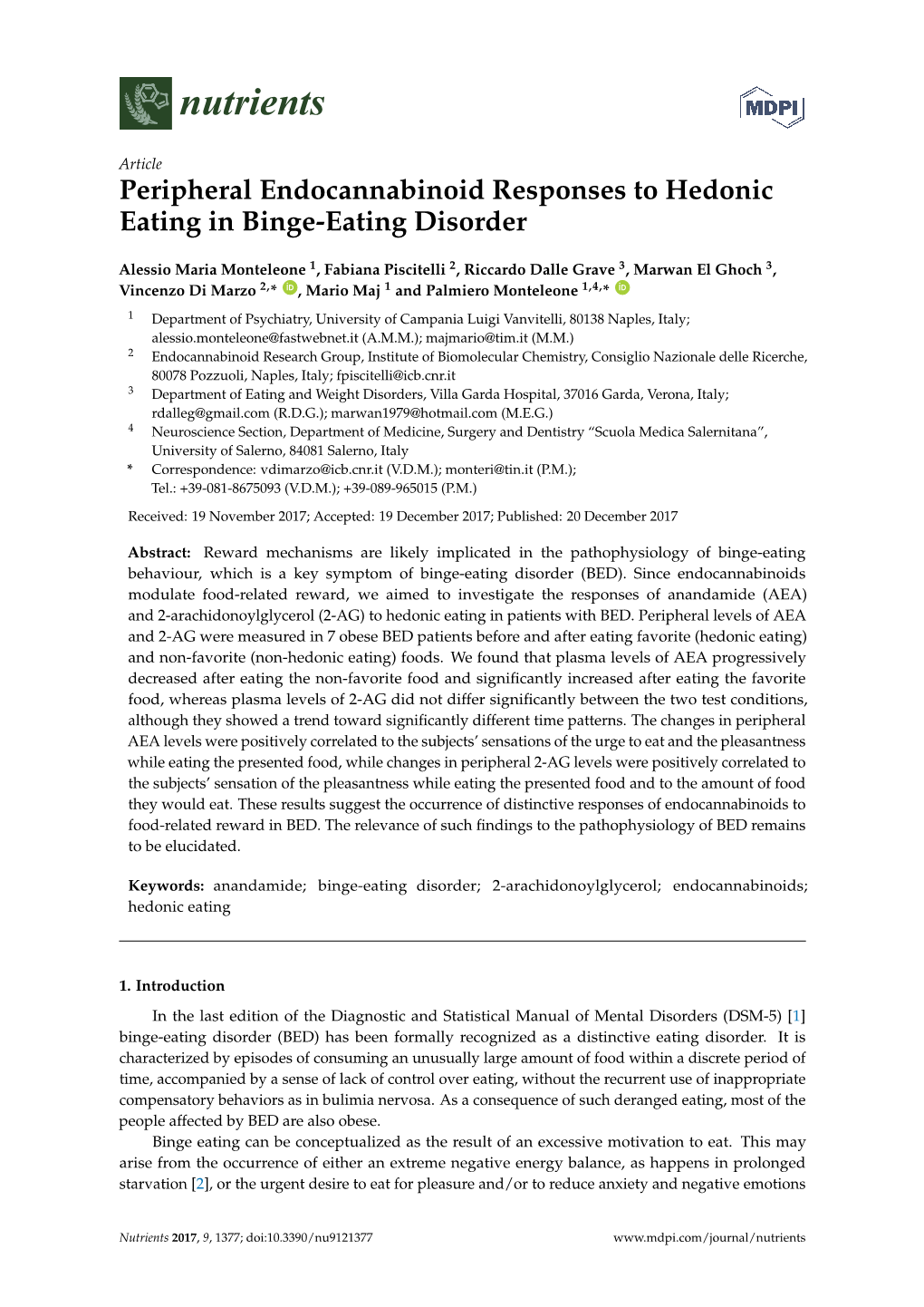 Peripheral Endocannabinoid Responses to Hedonic Eating in Binge-Eating Disorder