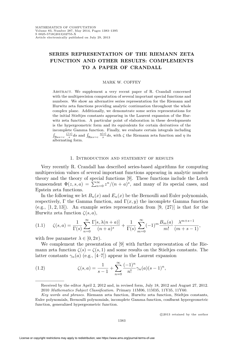 Series Representation of the Riemann Zeta Function and Other Results: Complements to a Paper of Crandall