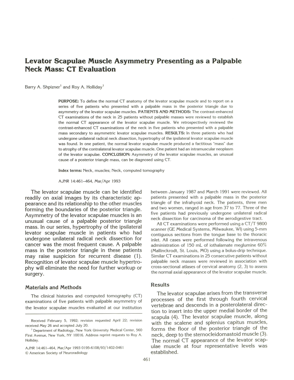 Levator Scapulae Muscle Asymmetry Presenting As a Palpable Neck Mass: CT Evaluation