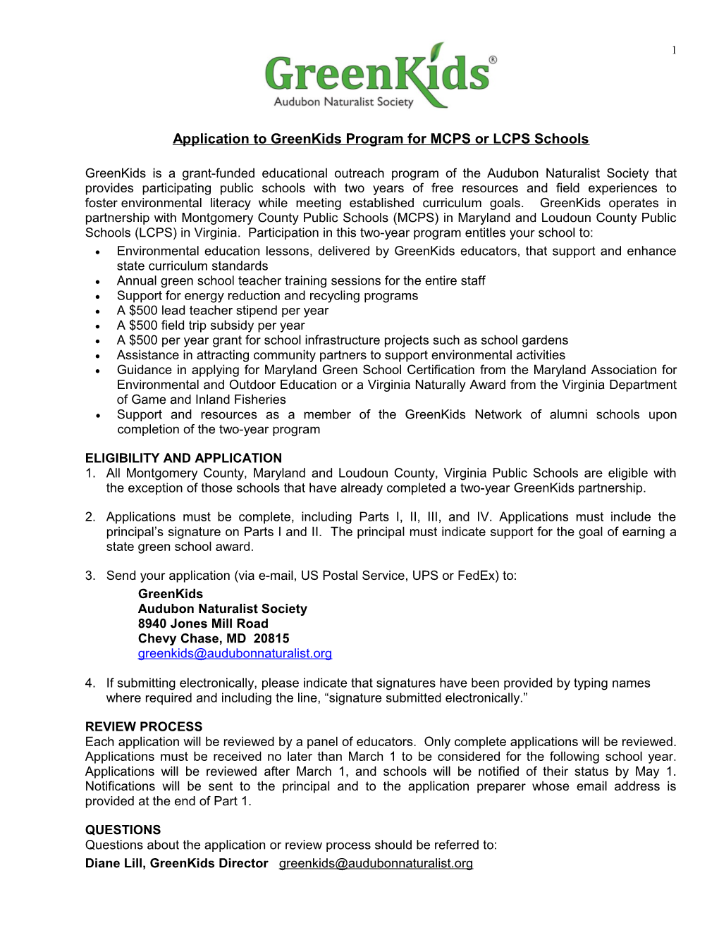 Application to Greenkids Program for MCPS Or LCPS Schools