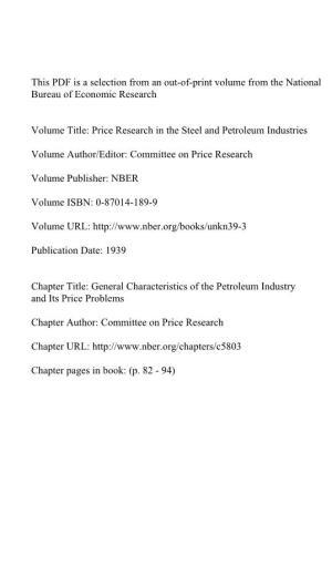 General Characteristics of the Petroleum Industry and Its Price Problems