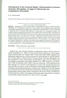 Development of the Cursorial Spider, Cheiracanthium Inclusum (Araneae: Miturgidae), on Eggs of Helicoverpa Zea (Lepidoptera: Noctuidae)1